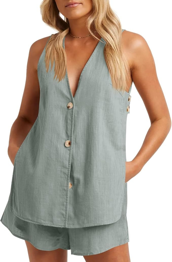 Summer Outfits for Women,Vest Sets Women 2 Piece Outfits,Womens 2 Piece Suits Set, Button Down V ... | Amazon (US)