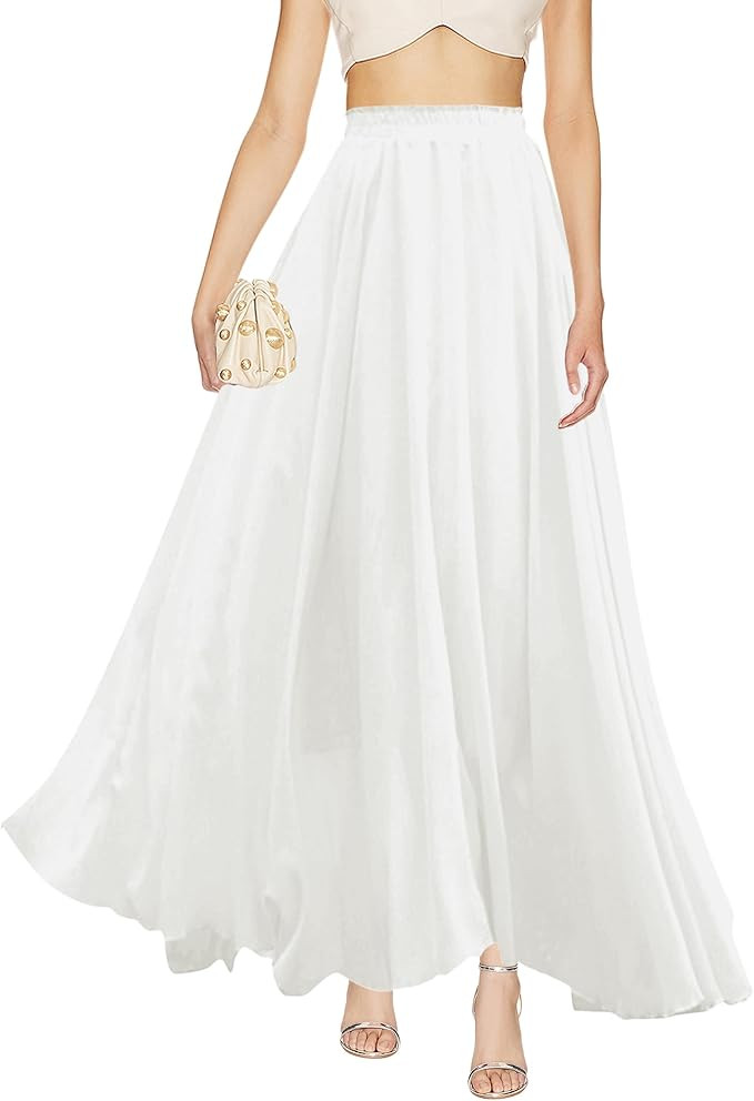 v28 Women Full/Ankle Length Elastic Pleated Retro Maxi Chiffon Long Skirt | Amazon (US)