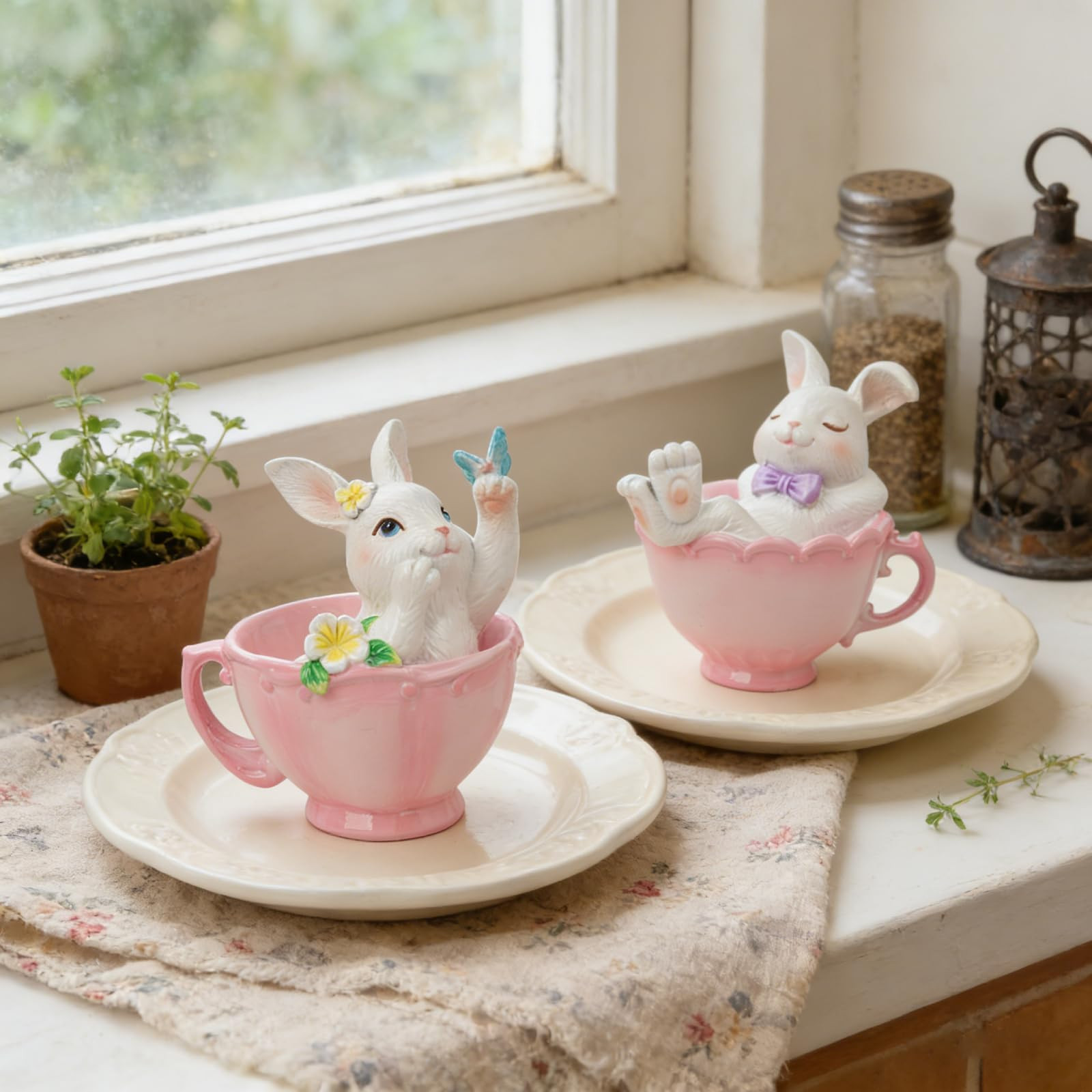 Cynkeyee Easter Decorations Bunny Figurine - 2 Pcs Cute Bunny in Pink Teacup Bunny for Table Deco... | Amazon (US)
