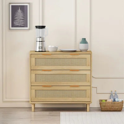 31.50"3-Drawers Rattan Storage Cabinet Rattan Drawer,For Bedroom,Living Room,Dining Room,Hallways,Oak | Wayfair North America