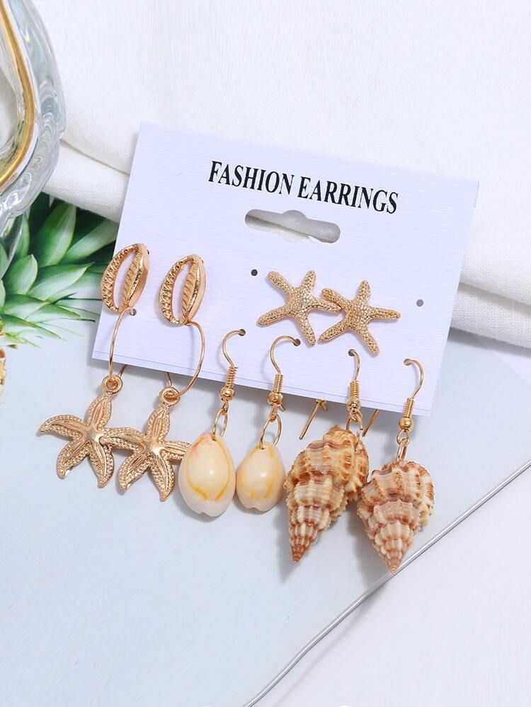 5pairs Starfish & Conch Decor Earrings | SHEIN