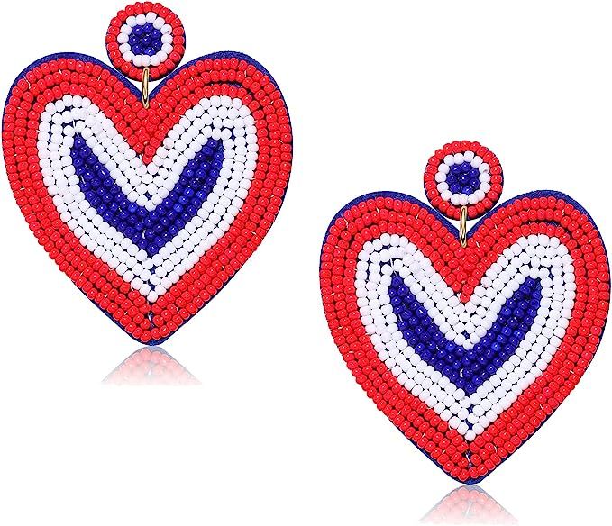 Patriotic 4th of July Earrings Handmade Flag Beaded Drop Earrings Red White Blue Heart Independen... | Amazon (US)