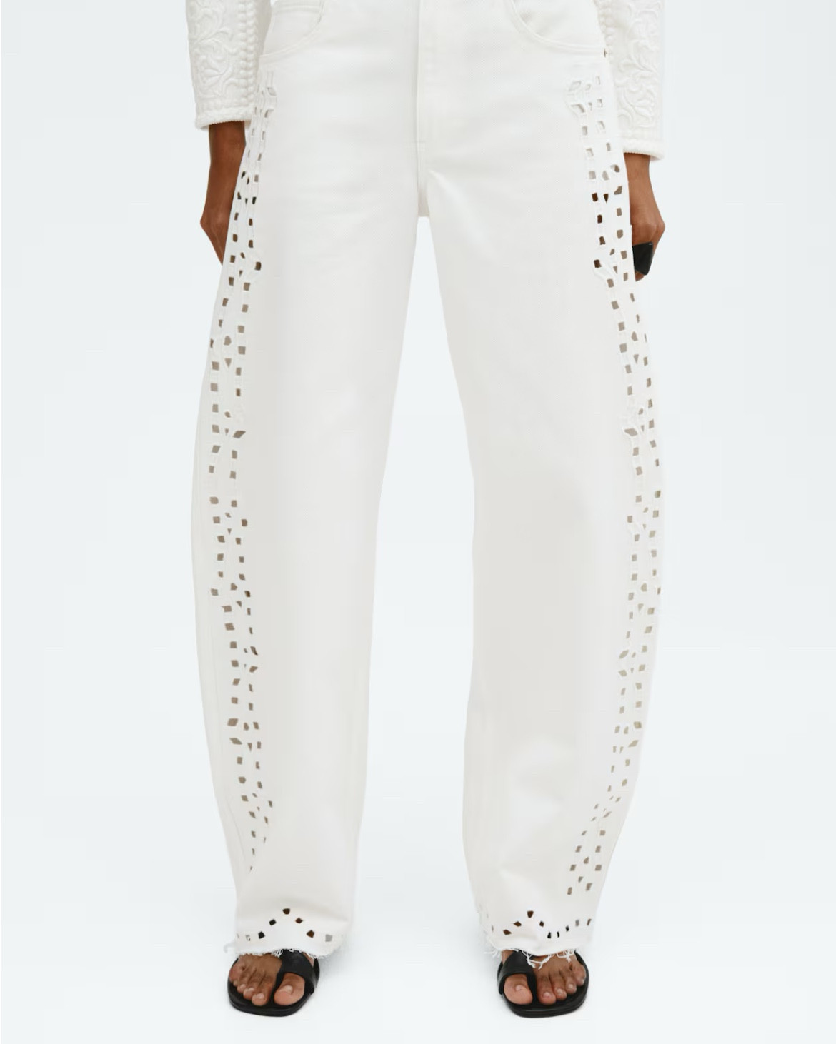 White eyelet embroidered barrel jeans 

#LTKSeasonal