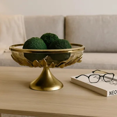 Modern Round Glass Decorative Bowl with Metal Floral Pedestal Stand -  Perfect Home Decor Accent Bowl for Table Centerpiece - 13", Gold | Wayfair North America