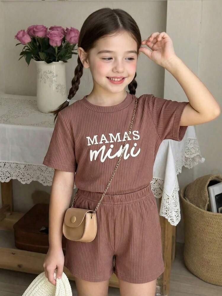 SHEIN Vintaside Kids Young Girl Letter Print Short Sleeve T-Shirt And Shorts Set Summer Holiday | SHEIN