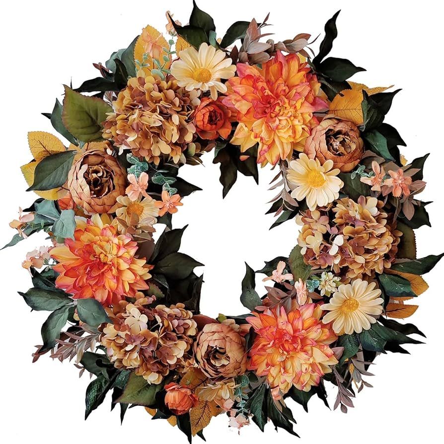 WANNA-CUL 24 Inch Fall Wreath for Front Door with Vintage Hydrangea&Orange Peony and Dahlia Flowe... | Amazon (US)