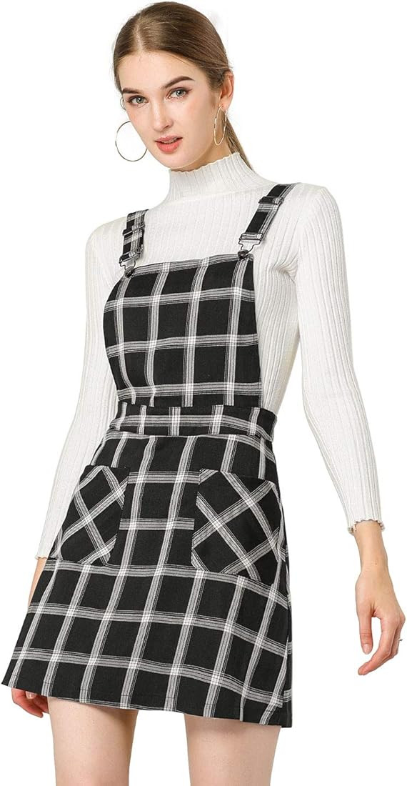 Allegra K Women's Adjustable Strap Above Knee Plaid Printed Overall Dress Suspender Skirt | Amazon (US)
