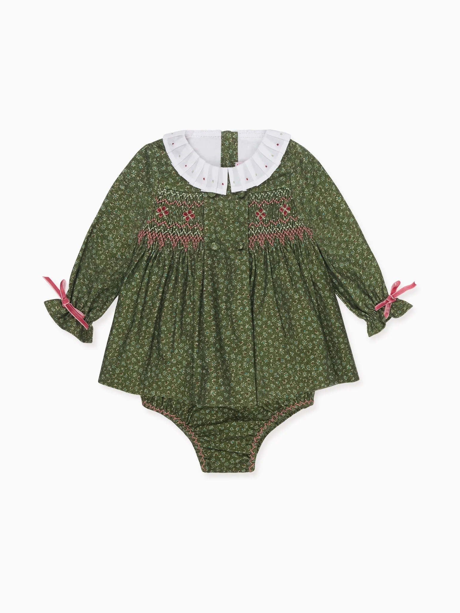 Green Floral Magdalena Baby Girl Hand-Smocked Set | La Coqueta (US)
