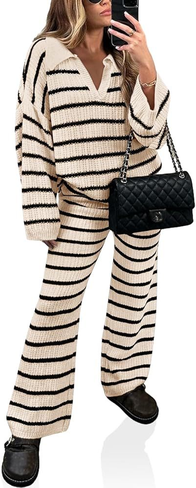 Yousify 2 Piece Sets for Women Long Sleeve V Neck Sweater Lounge Set Striped Fall Outfits 2024 S-... | Amazon (US)