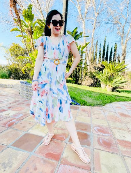 Spring has sprung!😎😍🌸💐🌹This dress is a steal! Such a cute print in person, runs large wearing a size XS. Also comes in black. Perfect for just a day in the vineyards that’s where I’m at here🤗🍷Would also be a great work dress. Super comfy!! Love the flutter sleeves and belt detail, makes it super feminine💕💕Best of all this dress is  $34. What a steal! Sandals are on sale it’s under $30. 







#walmart #walmartstyle #springstyle #springdress #dressesunder50 #ltktravel #ltkworkwear #ltkstyletip #springdress #workdress #springvibes #dress #workoutfit

#LTKFind #LTKunder50 #LTKSeasonal