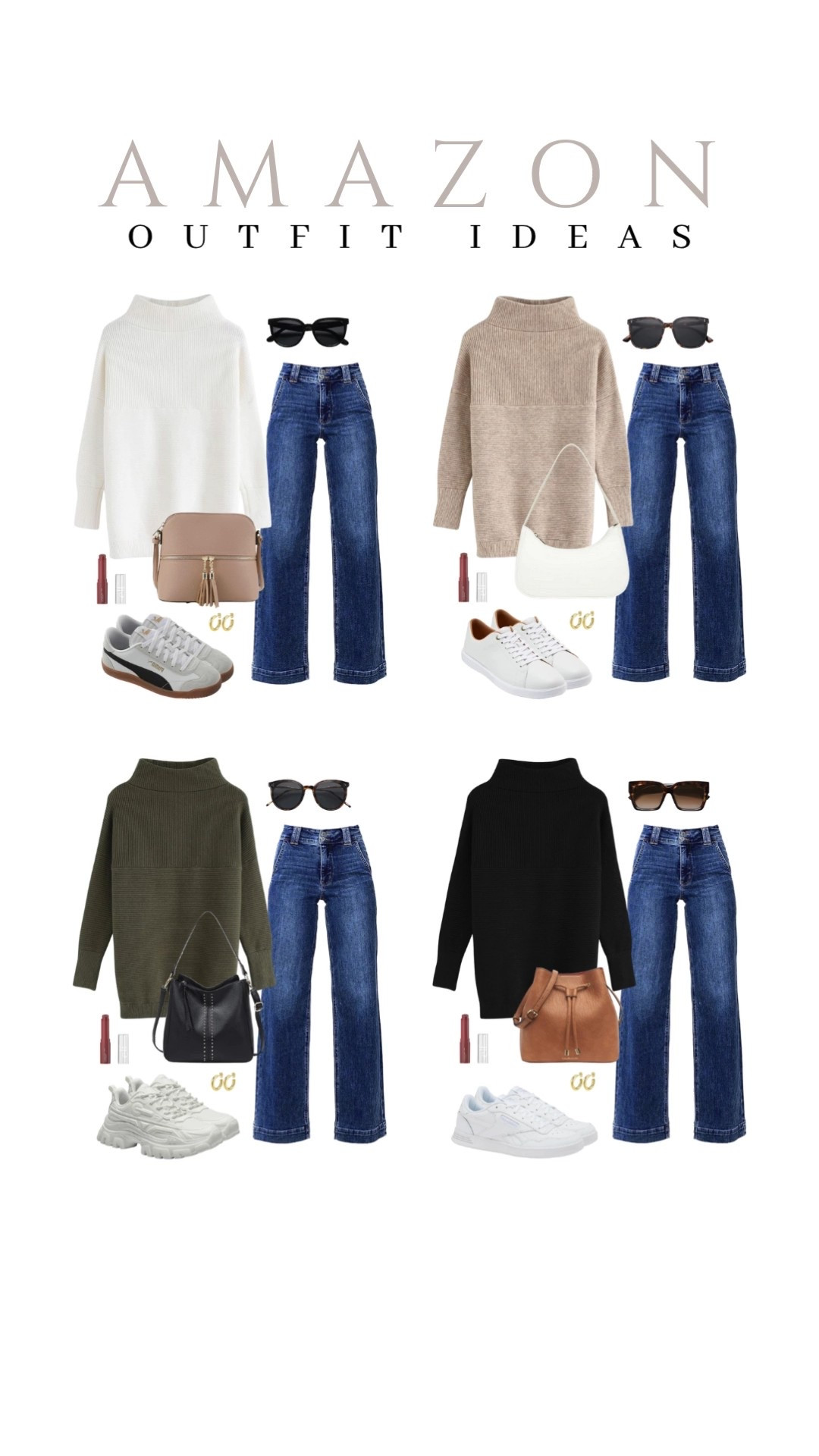 A ribbed long sleeve turtleneck is so cozy! Here are five outfits with wide leg jeans and a cute handbag.
bucket handbag, chunky sneakers, cateye sunglasses, amazon fashion, fall style, trendy look, viral fashion, affordable style, amazon favorite, top picks, best seller, fall look, fall outfit idea

#LTKStyleTip #LTKU #LTKSeasonal