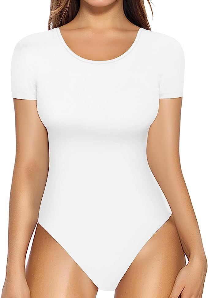 MANGOPOP Women's Round Collar Clothing Short Sleeve Long Sleeve Tops T Shirt Bodysuit | Amazon (US)