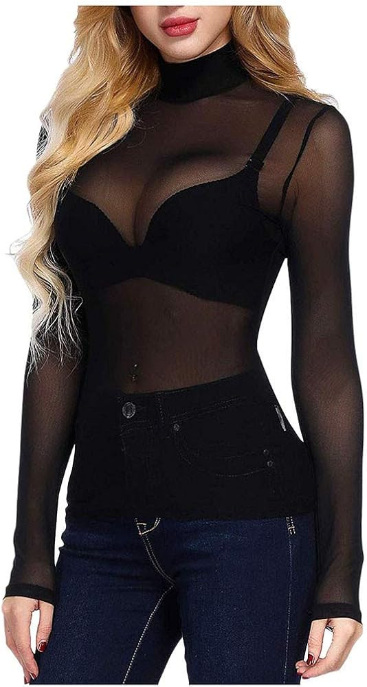 Women Mesh Tops Long Sleeve Sheer Mock Turtleneck Stretch Tight Fitted Shirt Elegant Sexy Fish Ne... | Amazon (CA)