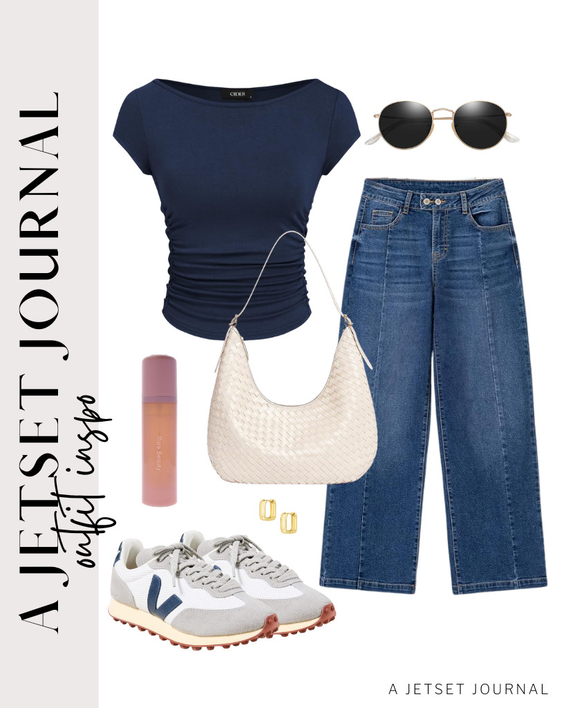 Another outfit idea is a combination of a dark navy CIDER fitted tee and baggy jeans from Sidefeel. A pair of Veja Rio Branco sneakers goes well with this look. You can use this woven vegan leather bag and small chunky hoop earrings, too!

#LTKSeasonal #LTKSaleAlert #LTKTravel
 

 