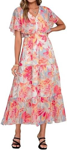 Simplee Womens Floral Boho Maxi Dress Summer Beach Wedding Guest V Neck Ruffle Sleeve Long Flowy ... | Amazon (US)