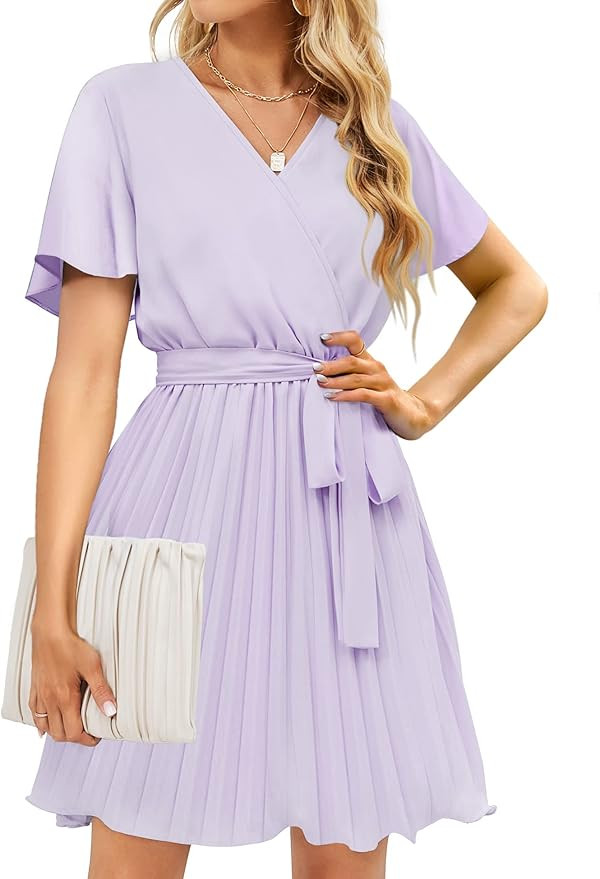 BBX Lephsnt Womens Wrap V Neck Dresses for Wedding Guest Casual Pleated Long Sleeve Mini Dress | Amazon (US)