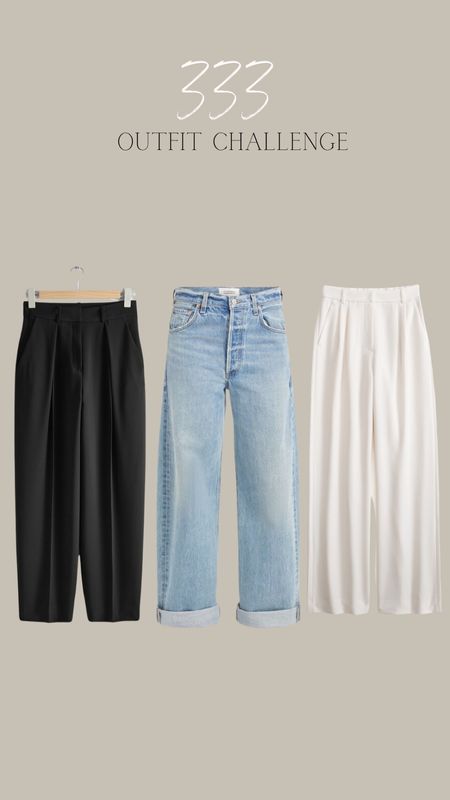 333 outfit challenge 
Citizens of humanity Ayla jeans 
&0S black trousers
Cream wide leg trousers (my exact ones are from Stradivarius last year so have linked similar) 