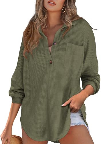 Astylish Women Oversized Waffle Shirts V Neck Long Sleeve Loose Blouses Versatile Button Lightweight Pullover Moss Green Large | Amazon (US)