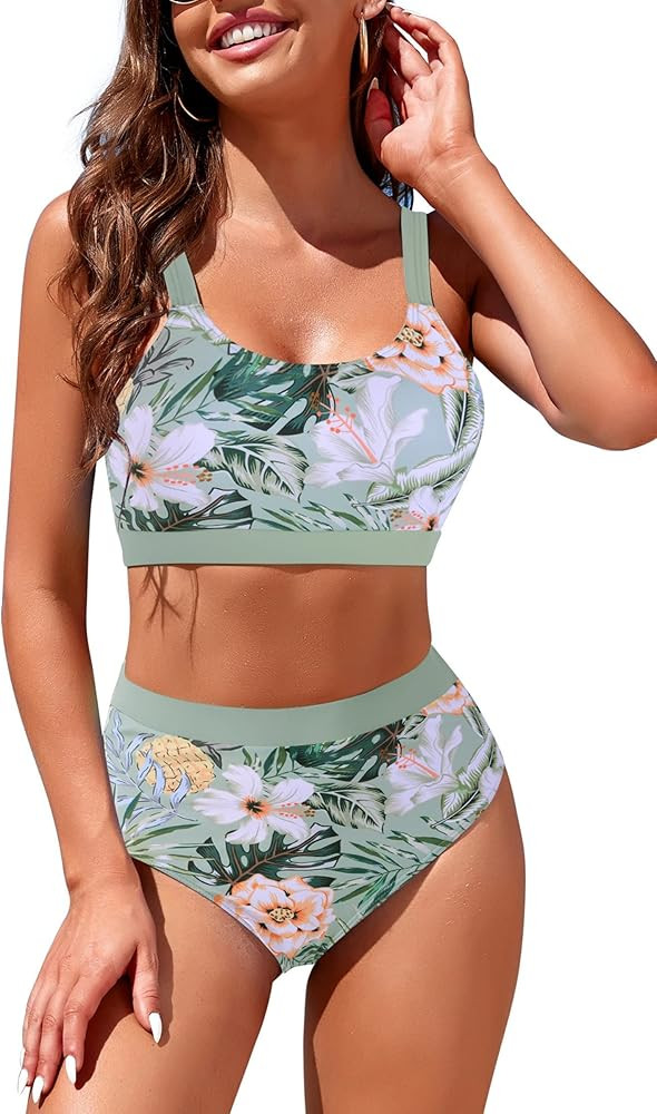 Womens High Waisted Bikini Sets Sporty Crop Top Color Block Swimwear Bandeau Scoop Neck Vintage T... | Amazon (US)
