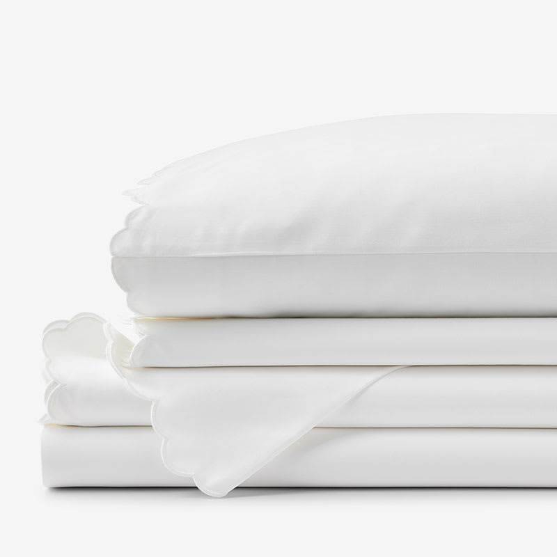 Embroidered Scallop Classic Smooth Sateen Solid Bed Sheet Set - White, Twin XL | The Company Store