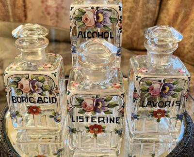 Vintage Vanity Set 4 Glass Enameled Bathroom Toilet Bottles Apothecary Jar Cut | eBay US