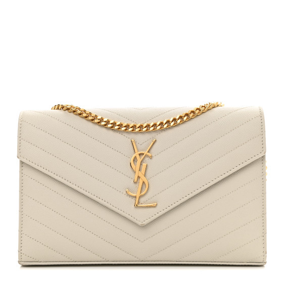 SAINT LAURENT Grain De Poudre Matelasse Chevron Monogram Chain Wallet White | FASHIONPHILE (US)