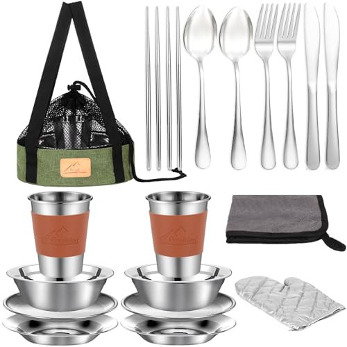 Camping Mess Kit - 1 to 2 Persons Camping Dishes Includes Cups, Bowls, Knives, Forks, Spoons, Camping Dinnerware Set Camping Cooking Utensils Accessories Plates Dinnerware Set (Green -2 Person Set) | Amazon (US)