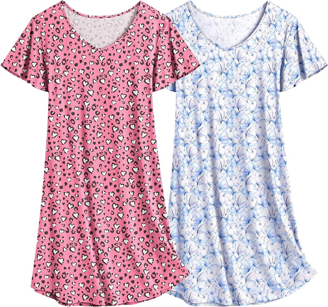 Ekouaer 2 Pack Nightgowns for Women Flare Short Sleeve Sleepshirt V Neck Sleepwear Plain/Floral Prin | Amazon (US)