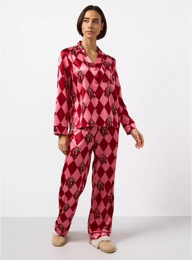 Pink Christmas Harlequin Cherry Printed Satin Pyjamas & Eye Mask 16 | Tu Clothing