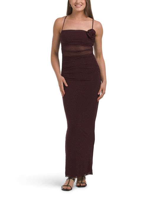 Rhinestone Illusion Maxi Dress With Rosette | TJ Maxx