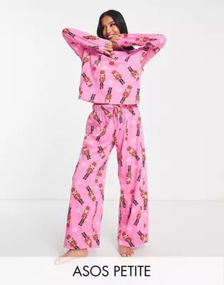 ASOS DESIGN Petite Christmas nutcracker long sleeve top & pants pajama set in pink | ASOS (Global)