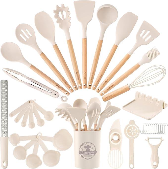Astercook Kitchen Utensils set, 39 PCS Silicone Cooking Utensils Set with Wooden Handle, 446°F H... | Amazon (US)