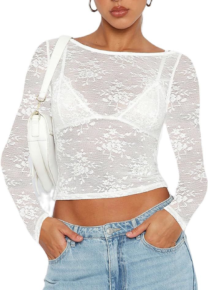 Womens Floral Lace Shirt Top Long Sleeve Sexy Mesh See Through Tshirts Slim Fit Lace Trim Tee Top... | Amazon (US)