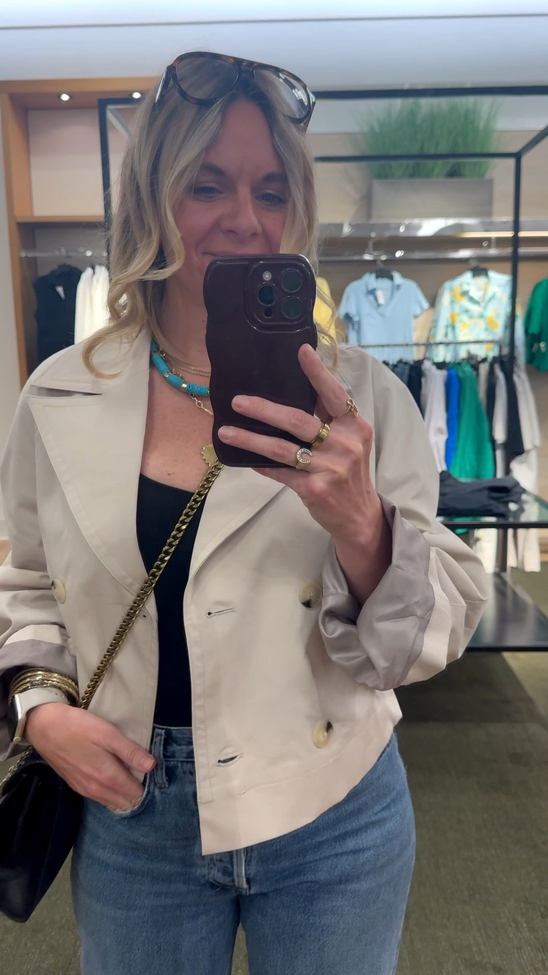 OOTD while pulling for a client appointment ✨ Cropped trench + black bodysuit + straight leg denim + black kitten heel mules + turquoise and gold jewelry. All from my own closet — linked the closest versions I could find so you can shop the look. Everything shoppable below! 👇 

#LTKdayinmylife #LTKootd #LTKOver40