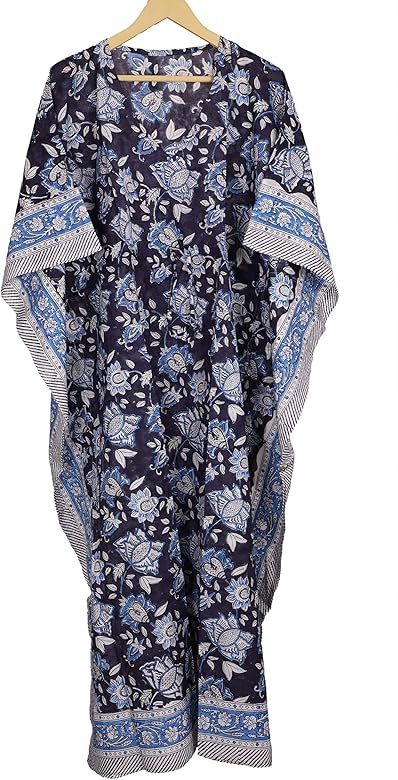 fabricvenue Women's Hand Block Print Kaftan Beach Wear Floral Print Kaftan Indigo Blue Soft Cotto... | Amazon (US)