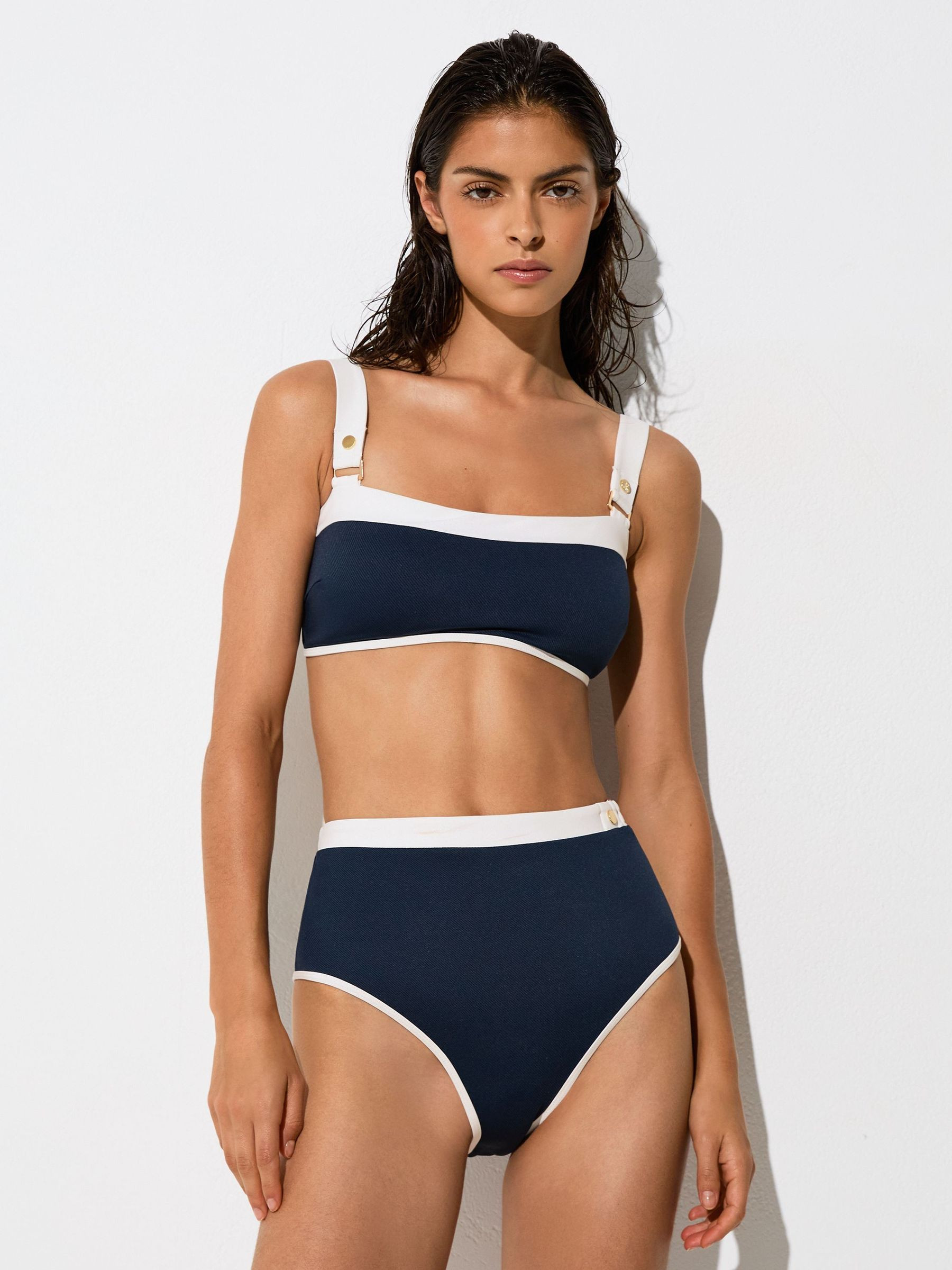 Reiss Textured Colour-Block Bikini Bottoms in Navy/Ivory - REISS | Reiss UK