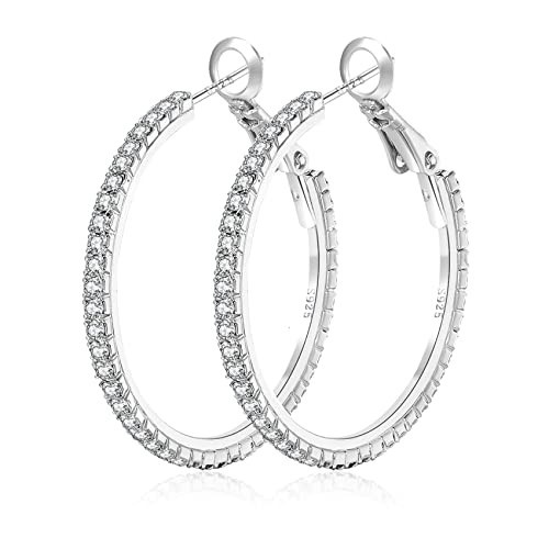 MOROTOLE 925 Sterling Silver Rhinestone Hoop Earrings Fashion Thin Silver Rhinestone Hoops Hypoallergenic Big Silver Hoops Earrings for Women Jewelry Gifts 20/30/40/50/60/70mm Silver Hoops | Amazon (US)