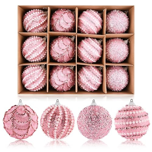 Glitter Christmas Balls Ornaments for Tree - Pink Christmas Ornaments for Indoor Decorations - Shatterproof Foam Xmas Bulbs for Holiday Party Decor 80mm 3.15inch, Pack of 12 | Amazon (US)