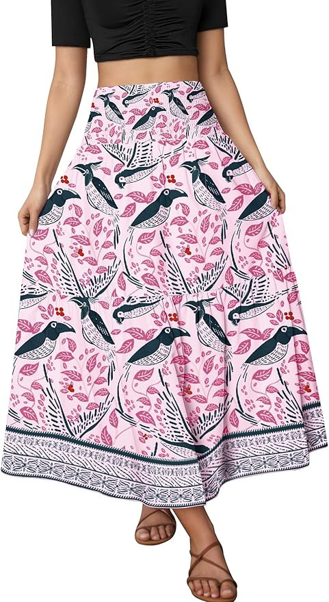 YHYJMY Women's Boho Skirt Elastic High Waist Pleated A-Line Flared Maxi Skirts Womens Flowy Long ... | Amazon (US)