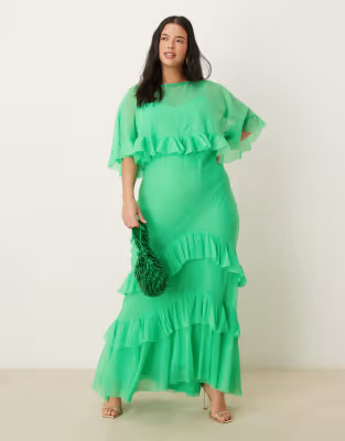 ASOS DESIGN Curve cape overlay ruffle bias cut maxi dress in bright gren | ASOS (Global)