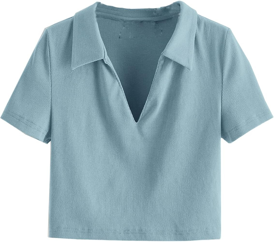 SweatyRocks Women's Collar Ribbed Knit Tee Short Sleeve Crop Top T-Shirts | Amazon (US)