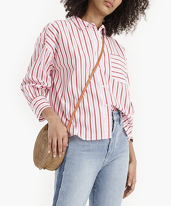 J.Crew Women's Button Down Shirts PINK - Pink & Red Stripe Oversize Poplin Button-Up - Women | Zulily