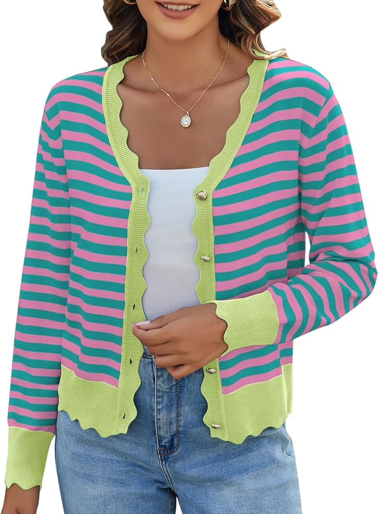 Women's Lightweight Cardigans Casual Long Sleeve V-Neck Button Print Sweaters Open Front Outerwea... | Amazon (US)