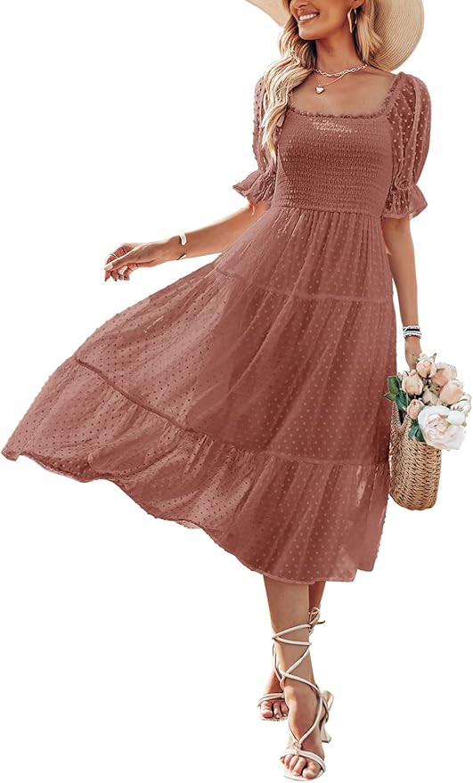 MEROKEETY Women's 2023 Summer Square Neck Puff Sleeve Boho Midi Dress Swiss Dot Ruffle Flowy Tie ... | Amazon (US)