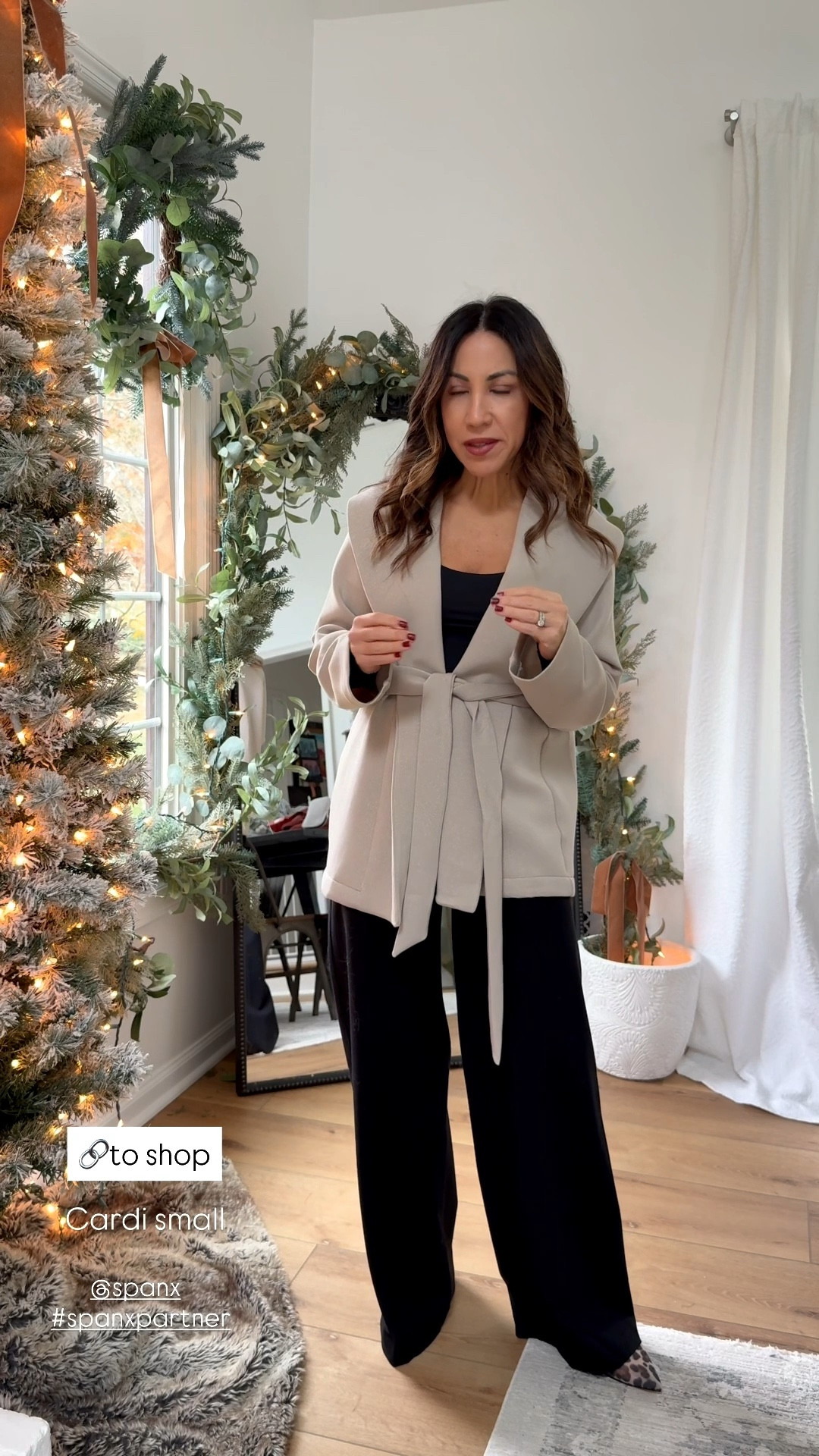@spanx
#spanxpartner
Small cardigan, small petite black pants, wide leg pants, work pants 

#LTKSaleAlert #LTKCyberWeek #LTKWorkwear