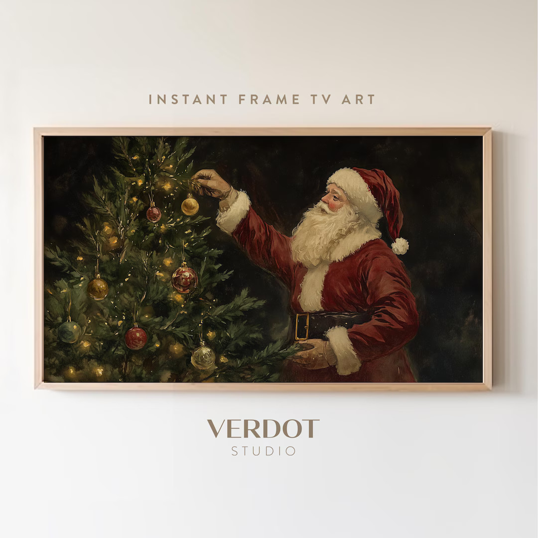 Santa Christmas Tree Frame Tv Art, Dark Vintage Holiday Santa Claus Painting Screensaver Digital ... | Etsy (US)
