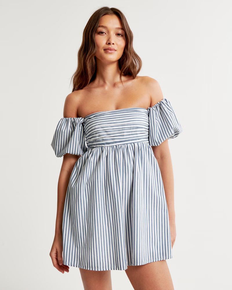 Emerson Off-The-Shoulder Skort | Stripped Skort Dress Outfit | Blue and White Striped Dress | Abercrombie & Fitch (US)