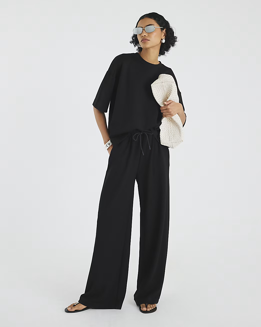 Black Premium High Waisted Wide Leg Joggers | River Island UK & IE