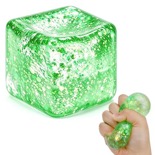 Glitter Ice Cube Squishy Fidget Toys, Squishy Cube Stress Balls for Adults & Kids, Slow Rising Stress Relief Toys, Squeeze Ball Filled with Thick Substance and Glitter (Green) | Amazon (US)