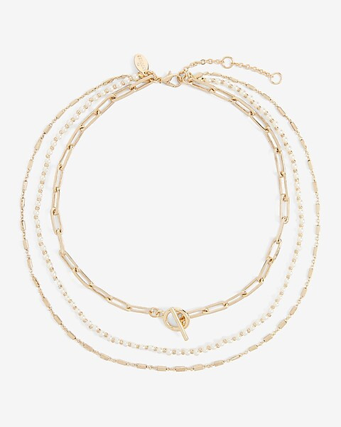 Layered 3 Row Pearl Toggle Chain Necklace | Express